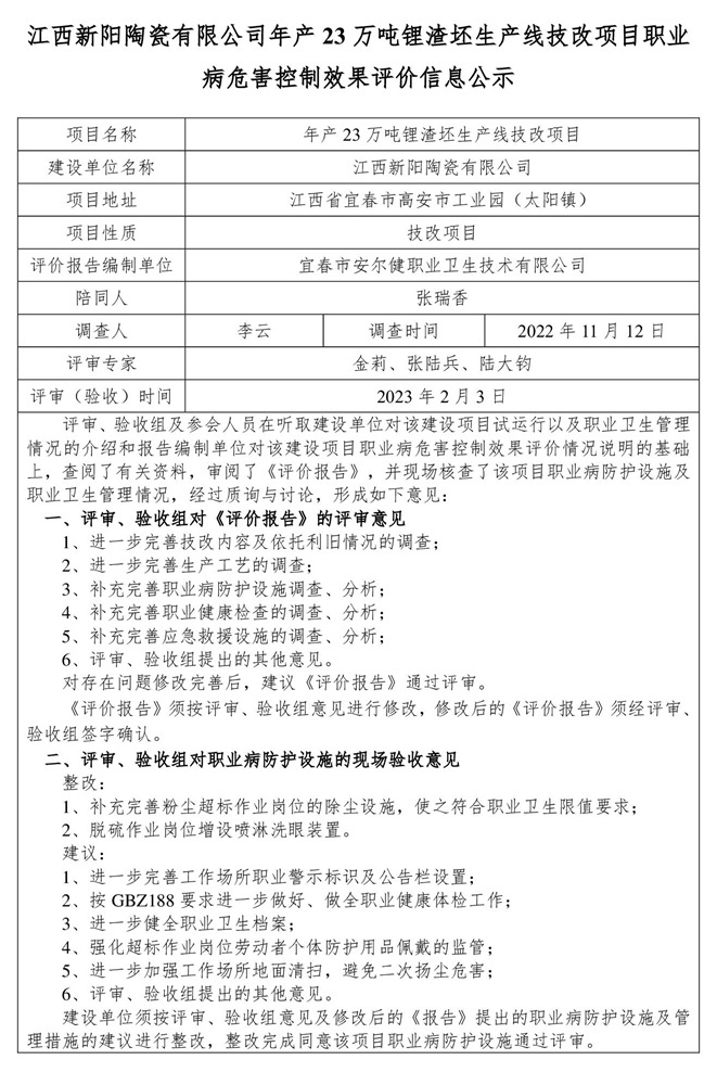 江西新陽陶瓷有限公司年產(chǎn)23萬噸鋰渣坯生產(chǎn)線技改項(xiàng)目 建設(shè)項(xiàng)目職業(yè)病危害控制效果評價(jià)信息公示-1.jpg